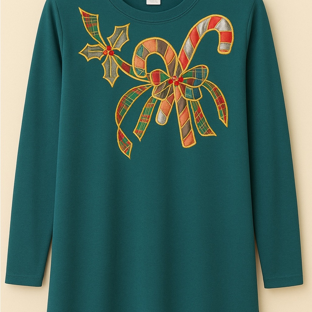 Vintage 90s Christmas Candy Cane Appliqué Tunic Top ILGWU USA Made M Plaid
